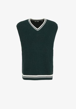 Tamnozeleni pleteni prsluk bez rukava s bijelim prugastim V-izrezom i detaljima na rubu.