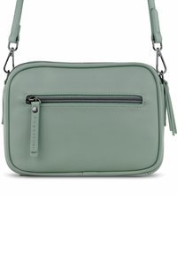 Piccola borsa a tracolla rettangolare di colore verde menta, con tasca frontale con zip, tracolla removibile e finitura in pelle liscia.