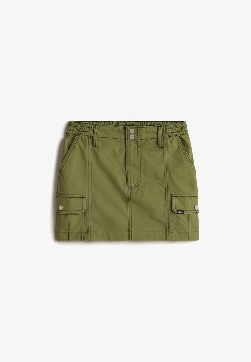 Vihreä oliivinvärinen hame, jossa on istuva vyötärö, elastinen vyö, kaksi sivutaskua ja yksi etutasku. Sisältää kontrastiväriset ompeleet ja metalliosat.