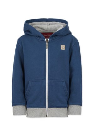 Marineblaue Zip-Up Kapuzenjacke aus weichem Stoff. Verfügt über ein graues Innenfutter, zwei Fronttaschen und ein kleines Logo-Patch auf der Brust.