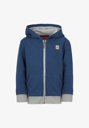 Marineblå zip-up hættejakke lavet af blødt stof. Den har en grå inderside, to forlommer og et lille logo-patch på brystet.