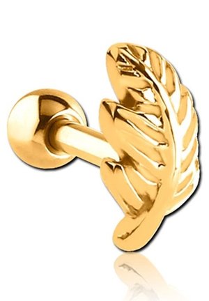 Gouden metalenoorstud ontworpen als een blad, met gedetailleerde bladnerf. Gladde, glanzende oppervlakte met een ronde achterkant voor veilige bevestiging.