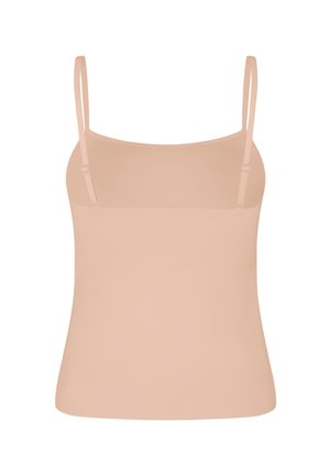 Beiges Damen-Camisole-Top mit dünnen verstellbaren Spaghettiträgern und geradem Ausschnitt.