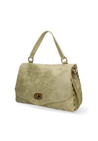 Borsa a tracolla in ecopelle verde chiaro con patta, chiusura in tonalità oro e dettagli con borchie su un lato. Presenta una maniglia singola texture.