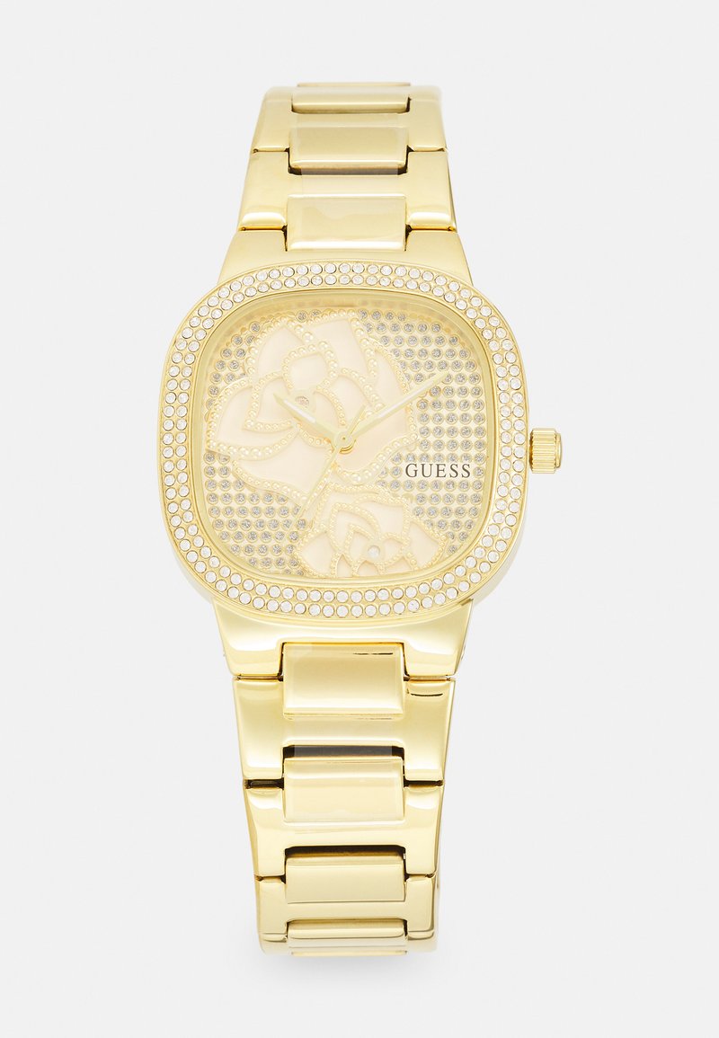 Guld analogur med firkantet urkasse, prydet med diamante accenter. Blomster mønster på urskiven. Metal-link armbånd med blank finish.