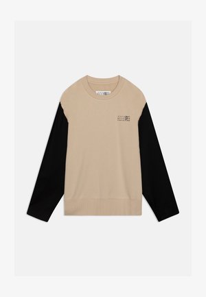 Sweatshirt beige avec des manches longues noires, col rond et une impression à l'avant avec des chiffres et un graphique. Tissu en coton doux, coupe décontractée.