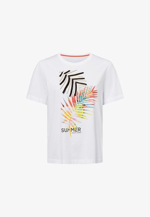 White short-sleeve T-shirt with colorful tropical leaf prints and text "SUMMER MARC CAIN SPORTS" on front center.
