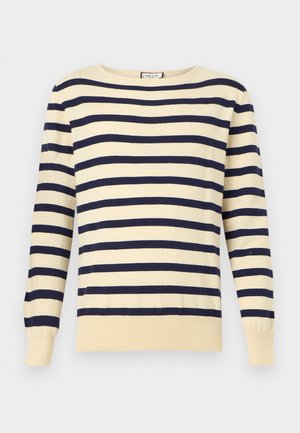 Pull à manches longues couleur crème avec des rayures horizontales bleu marine et un col arrondi, présenté sur un fond clair uni.