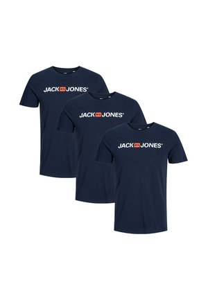 Three navy blue short-sleeve t-shirts with "JACK & JONES" logo in white and orange on the chest, shown on a white background.