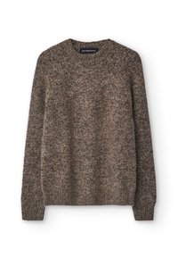 Brązowy sweter dziany z zaokrąglonym dekoltem, długimi rękawami i teksturowaną powierzchnią. Charakteryzuje się luźnym krojem i ściągaczami na mankietach.