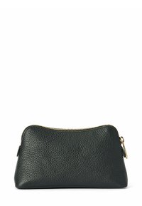 Zwarte leren tas met een getextureerde afwerking, gouden rits en ronde vorm. Heeft een gemiddelde maat voor veelzijdig gebruik.