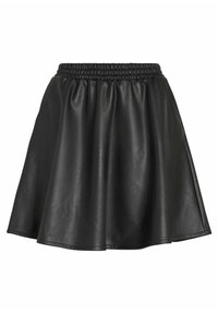 Falda negra de cuero sintético con cintura elástica, diseño acampanado y textura suave, con una longitud hasta la mitad del muslo y sin patrones visibles.