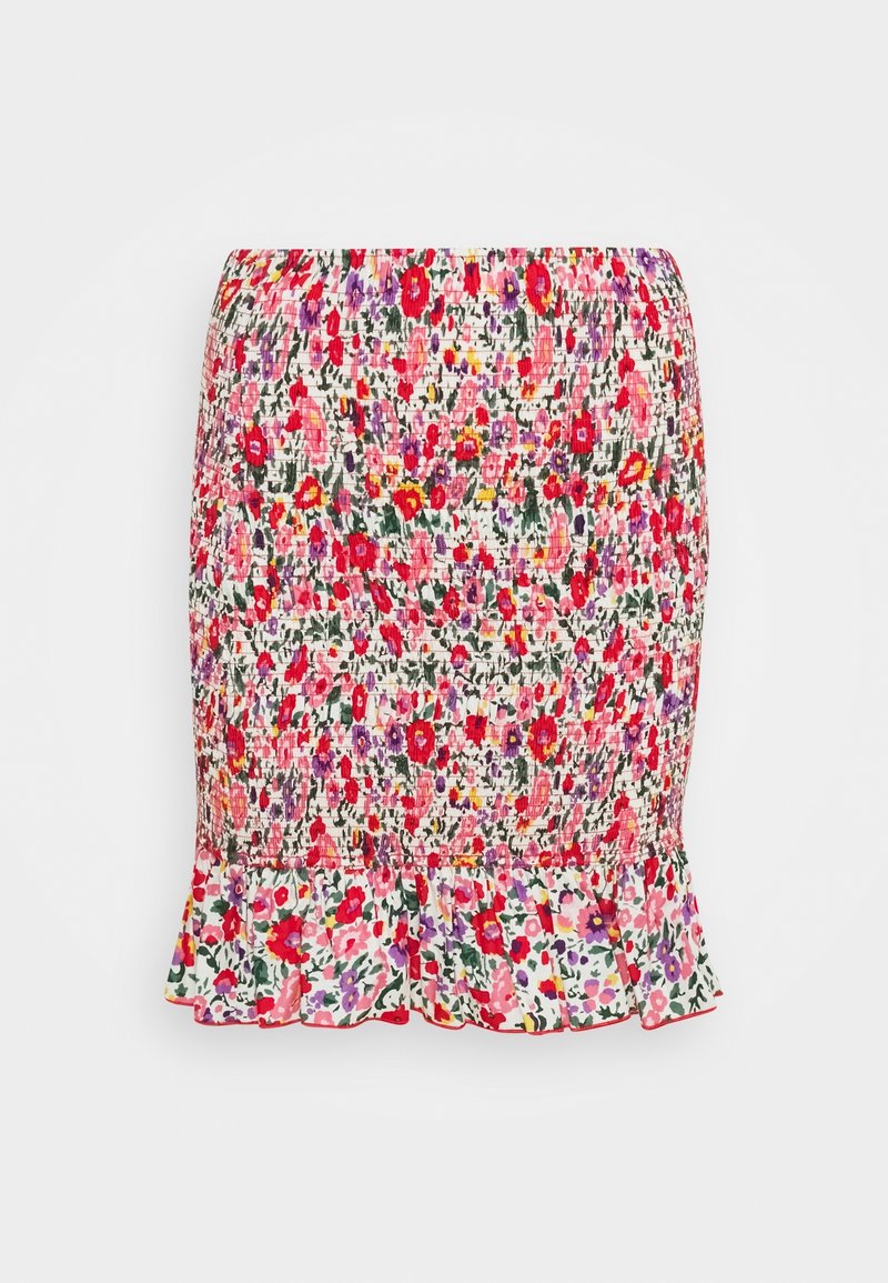Jupe courte à imprimé floral avec taille élastique et ourlet à volants en rouge, rose, violet et vert sur fond blanc.