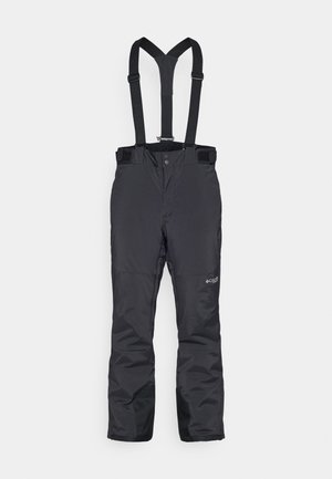 Schwarze Winterhose mit verstellbaren Trägern, ausgestattet mit einer glatten Textur, verstärkten Knien und dezentem Branding am unteren Bein.