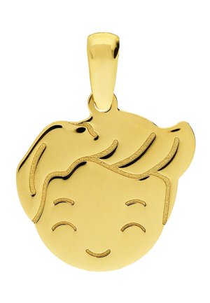 Gold pendant shaped like a smiling child’s face with closed eyes and stylized hair details.