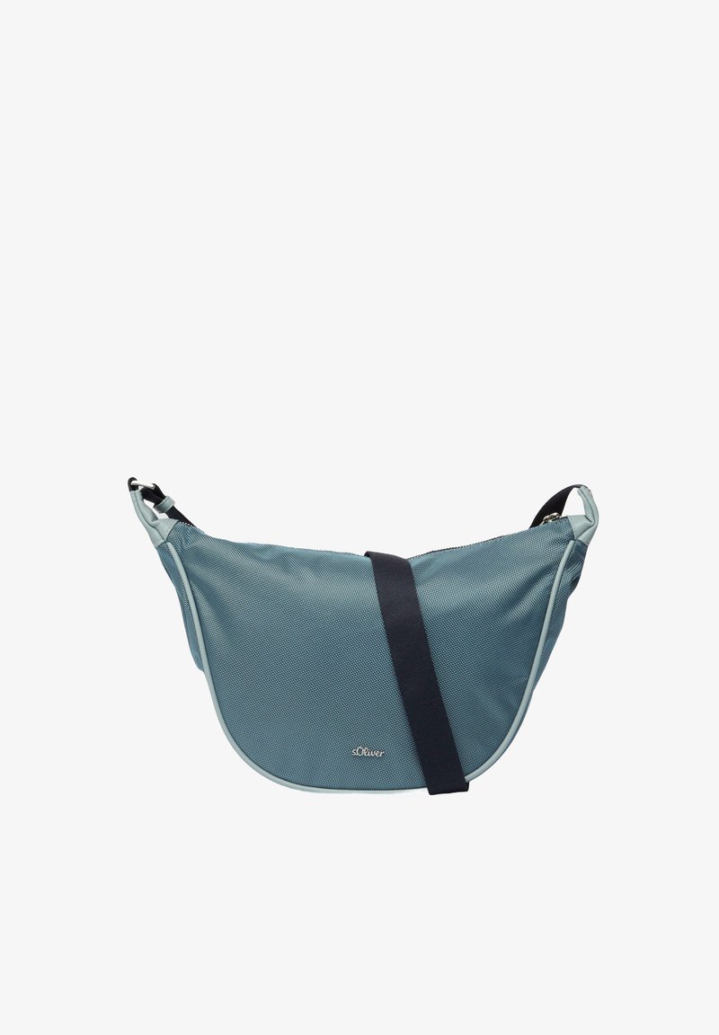 Blue mesh crossbody bag with a curved shape, featuring a navy strap and light trim. Simple logo detail on the front. Textured fabric.