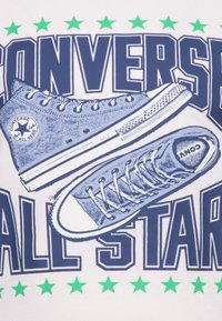 Blue Converse sneakers illustrated on a white background, featuring bold navy "CONVERSE ALL STAR" text and green star accents.