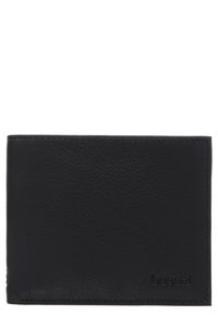 Black leather wallet with a textured surface, bi-fold design, and embossed logo. Features clean edges and minimalist styling.