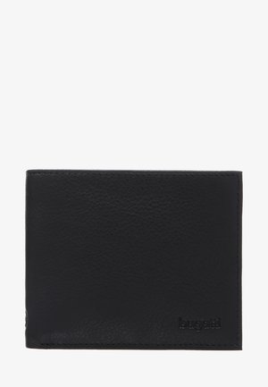 Black leather wallet with a textured surface, bi-fold design, and embossed logo. Features clean edges and minimalist styling.