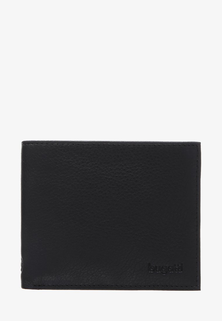 Black leather wallet with a textured surface, bi-fold design, and embossed logo. Features clean edges and minimalist styling.