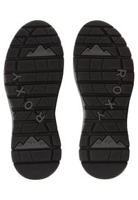 Semelle extérieure en caoutchouc noir avec une texture antidérapante, présentant un motif de montagne et le nom de la marque "Roxy" en relief. Conçue pour l'adhérence et la durabilité.