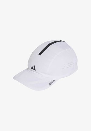 Cappellino da corsa bianco in tessuto leggero, con design a strisce nere, pannelli ventilati e marchio "ADIZERO" sul lato.