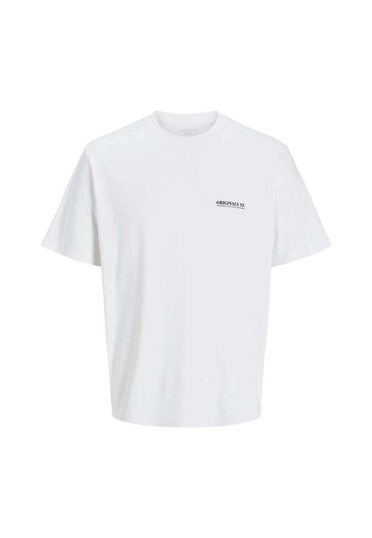 T-shirt en coton blanc avec une coupe décontractée, un col rond et des manches courtes. Présente une étiquette imprimée "ORIGINALS ST." sur la poitrine gauche.