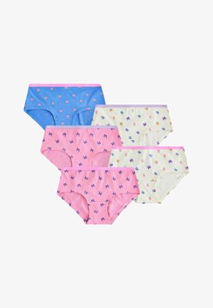 Penkių mergaičių hipsterinio stiliaus apatiniai su gėlių ir vaisių raštais mėlynos, rožinės ir kreminės spalvų, išdėstyti dviem eilėmis ant balto fono.