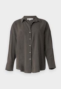 Camicia a bottone grigio scuro, vestibilità ampia, colletto, maniche lunghe con polsini larghi, realizzata in un tessuto morbido, con bottoni bianchi.