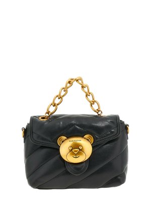 Borsa a tracolla nera in pelle trapuntata con chiusura a forma di orso dorato e manico a catena dorata chunky, design compatto e stiloso.