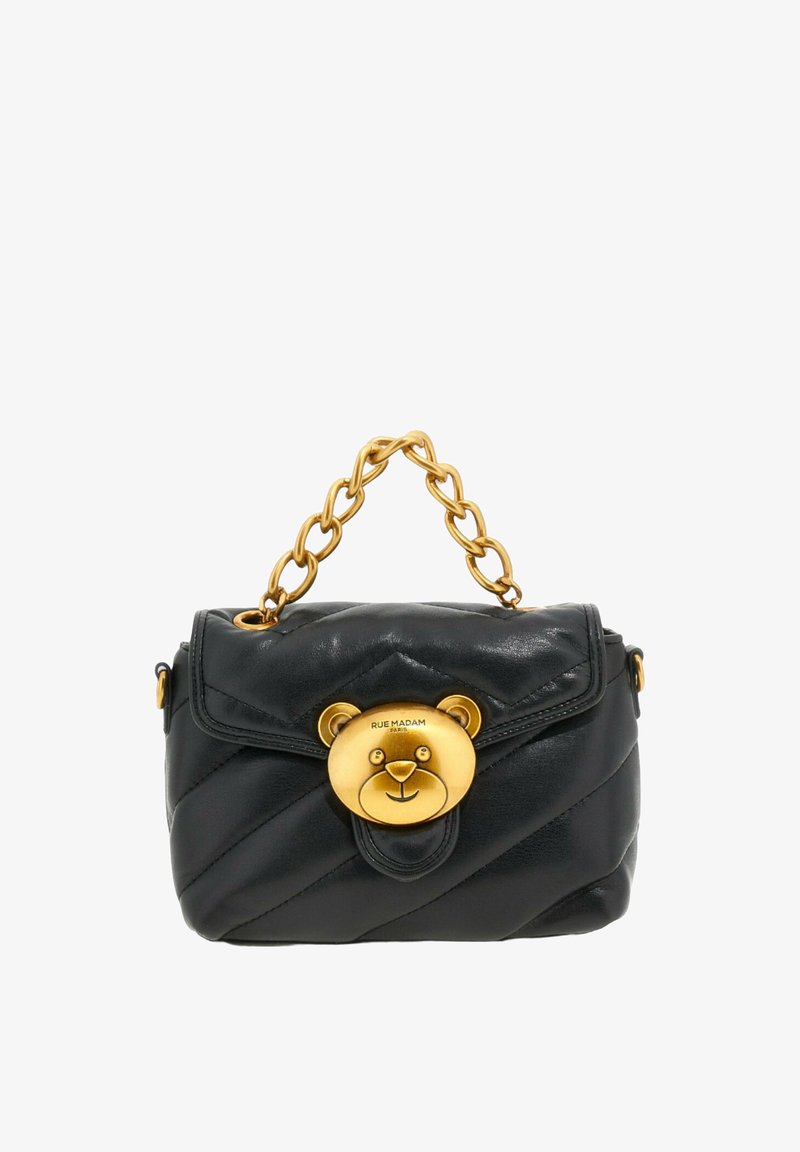 Borsa a tracolla nera in pelle trapuntata con chiusura a forma di orso dorato e manico a catena dorata chunky, design compatto e stiloso.