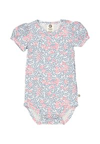 Body corto a maniche corte floreale in bianco con motivi rosa e blu. Presenta un collo rotondo e chiusura a pressione sul fondo. Tessuto morbido.