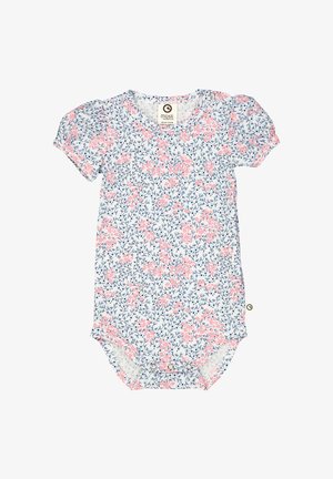 Květinová kombinéza s krátkým rukávem v bílé barvě se vzory v růžové a modré. Má kulatý výstřih a patentky na dně. Měkka textilní struktura.