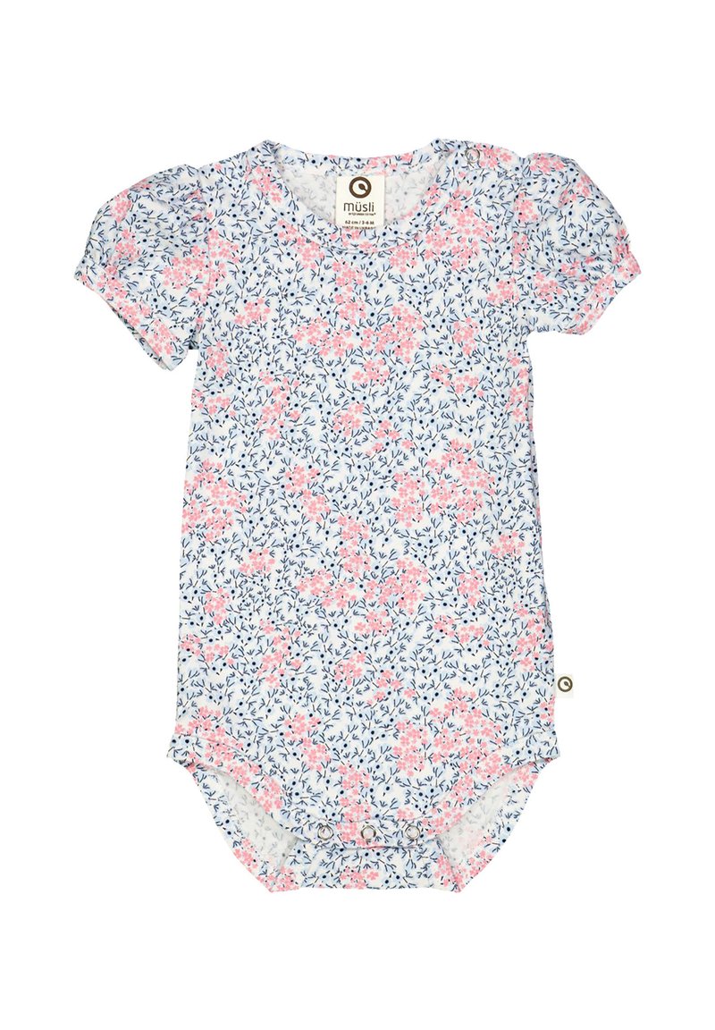 Body corto a maniche corte floreale in bianco con motivi rosa e blu. Presenta un collo rotondo e chiusura a pressione sul fondo. Tessuto morbido.