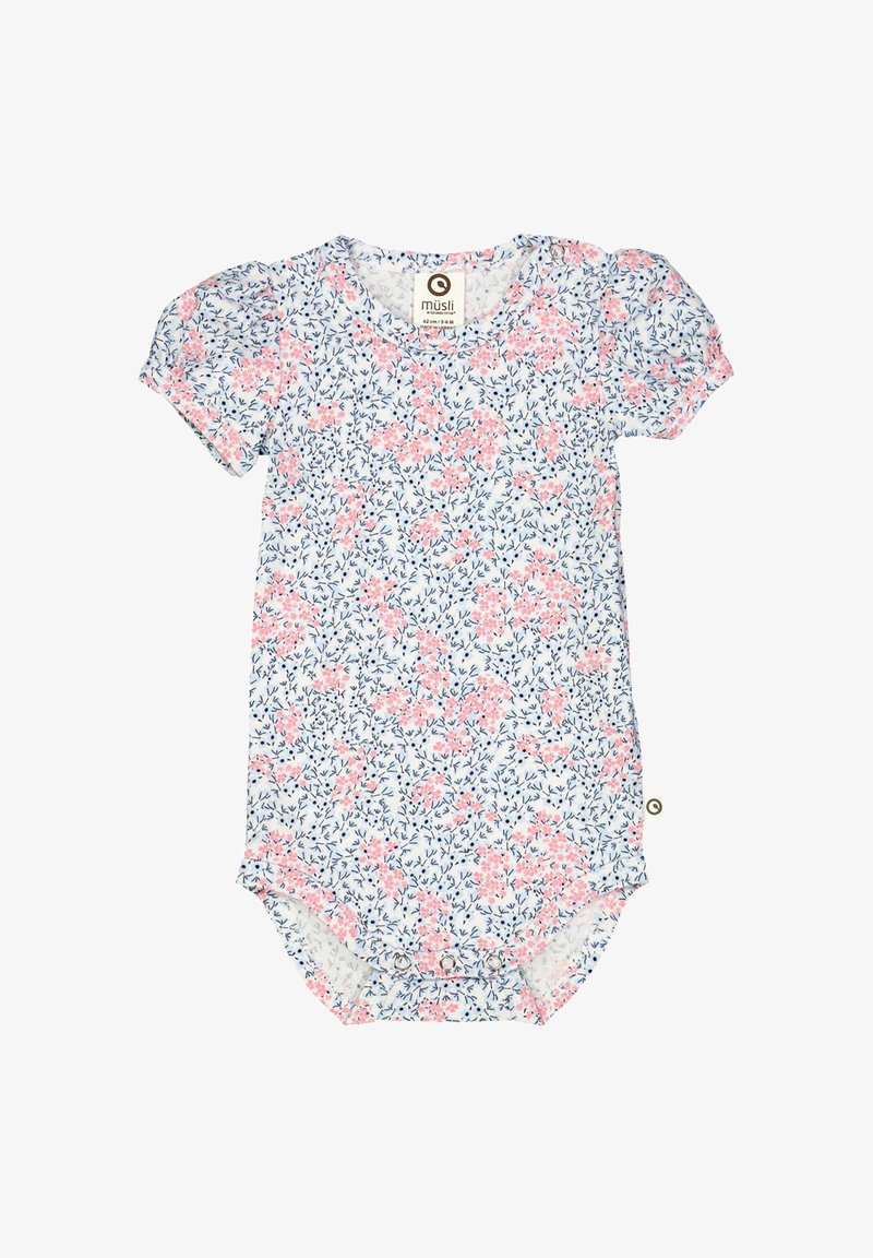 Květinová kombinéza s krátkým rukávem v bílé barvě se vzory v růžové a modré. Má kulatý výstřih a patentky na dně. Měkka textilní struktura.