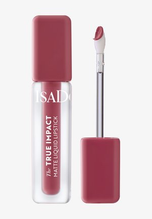 Lápiz labial líquido mate en un tubo transparente con acentos rosas. Incluye un aplicador blanco. El envase presenta el nombre de la marca y detalles del producto.