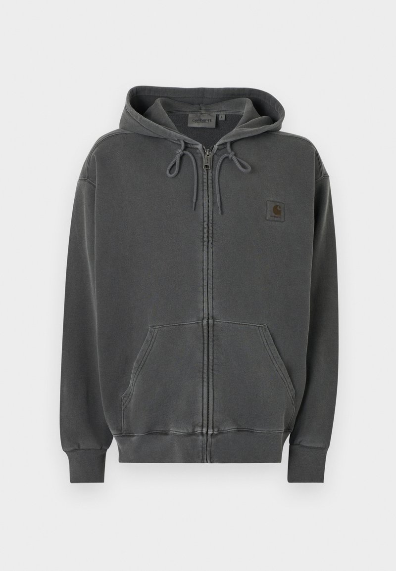 Dark gray zip-up hoodie with drawstring hood, front kangaroo pocket, ribbed cuffs, and a small Carhartt logo patch on the chest.