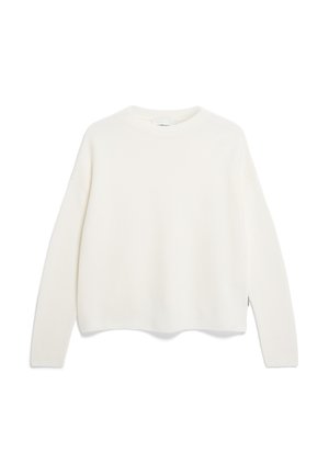 Off-white, gerippter Strickpullover mit rundem Halsausschnitt und langen Ärmeln, der einen lässigen Schnitt und seitliche Schlitze in der Nähe des Saums aufweist.