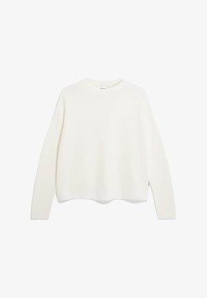 Off-white, geribde gebreide trui met een ronde halslijn en lange mouwen, met een relaxed fit en zijsplitten nabij de zoom.