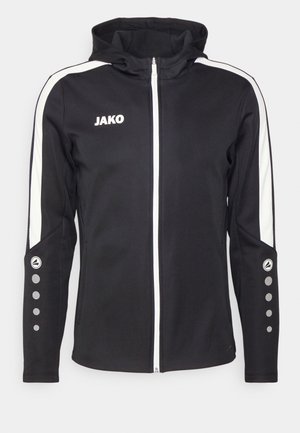 Zwarte zip-up jas met capuchon, witte zijstreepjes, grijskleurige knopenaccenten op de mouwen en het "JAKO"-logo op de borst, gemaakt van een zachte stof.