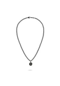 Zwarte metalen ketting met een ronde hanger met ingewikkelde patronen; de ketting is glad met ovale schakels en een lobster sluiting.