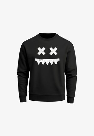 Black sweatshirt with a white distressed graphic of two Xs for eyes and a jagged toothy smile on the front.