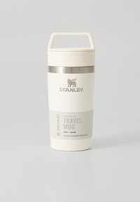 White stainless steel travel mug with a gray band, handle, and logo. Capacity of 12 oz (354 ml), featuring vacuum insulation for performance.