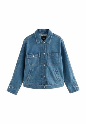 Denim jacket in light blue with a button-up front, two chest pockets, and side pockets. Features a classic collar and long sleeves with button cuffs.