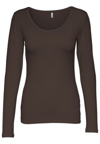 Langärmliges Shirt in Dunkelbraun, mit U-Boot-Ausschnitt und tailliertem Schnitt, hergestellt aus einem glatten, elastischen Stoff.