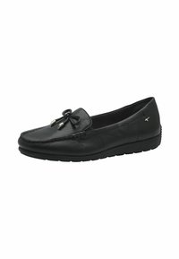 Schwarze Lederloafer mit runder Zehenform, verziert mit einer Schleife und metallischen Spitzen, mit einer strukturierten Oberfläche und einer flachen Gummisohle.