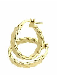 Zeltīta stīpas auskari ar savītu dizainu, pulētu apdari un drošu aizdari. Diametrs ir vidēji liels.