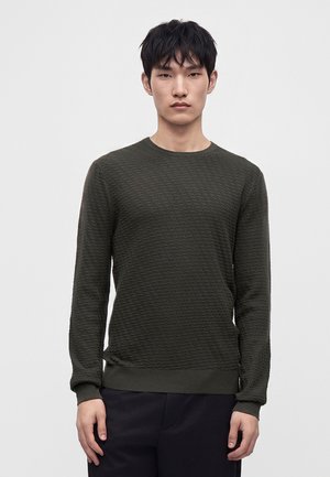 Jeune homme aux cheveux courts noirs portant une chemise texturée vert foncé à manches longues et un pantalon noir, debout devant un fond uni.
