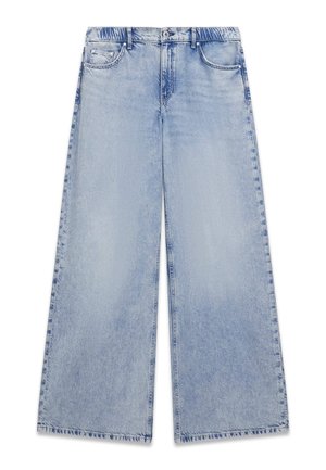 Jean denim bleu clair à jambes larges avec ceinture élastique, fermeture à boutons à l'avant, et poches avant et arrière.