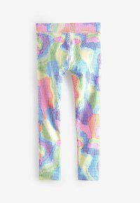 Mehrfarbige Leggings mit einem wellenförmigen Gittermuster, das in den Farbtönen Pink, Blau, Grün und Gelb gehalten ist. Hergestellt aus dehnbarem, leichtem Stoff.
